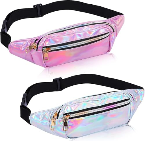 EXTRAPINS 2 Stück Bauchtasche Damen,2 Fächer Wasserdicht Hüfttasche,Glitzer Bauchtasche Damen,Leder Gürteltasche,Verstellbarer Gurt Hüfttasche für Outdoor Sport Reise Wandern(Silber+Rosa)