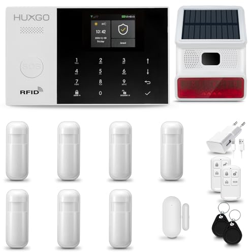 HUXGO® HXA005 Alarmanlage Haus WiFi + GSM mit Funk Sirene | Tuya Smartlife App | Alarm System mit Fenstersensor, 7X Bewegungssensor | Alarmanlage Wohnung, Garage | Smart Home Security