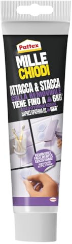 Pattex Millechiodi Attacca & Stacca, Adesivo di Montaggio, Colla Forte Attacca Tutto per Mensole, Scaffali e Appendiabiti a Parete, Adesivo Forte Facilmente Rimovibile, 1 Tubo da 44 g