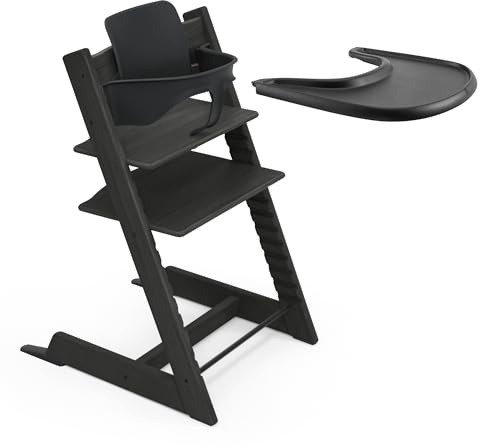 Stokke Tripp Hochstuhl Trapp Eiche (Schwarz) mit Tablett – inklusive Stuhl, Baby Set 2 für Kinder von 6-36 Monaten – verstellbar, ergonomisch & pflegeleicht