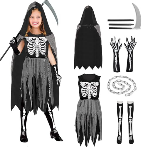 Halloween Deguisement Faucheuse Filles Enfant Costume Faucheuse 11 13 ans Cape Faucheuse Noire Robe Deguisement Squelette Gants Chaussettes Faucille Déguisement Faucheur Enfant Grim Reaper Costume