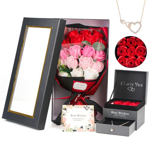 Valentinstag Blumen Geschenk für Sie,Infinity Rosenbox mit 18 Konservierte Rosen Und Eleganter Halskette Geschenke für Frauen, Mama Handgemachte Rosen Jahrestag, Muttertag Und Weihnachtstag