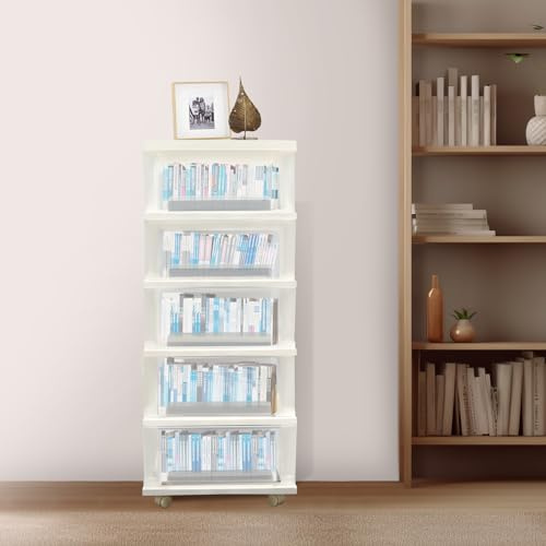 Mermajestic Kunststoff-Schubladenbox mit Rollen,5 tiefen Schubladen, Versenkter Handgriff,Für Schlafzimmer, Bad, Schule & Büro,Rutschfestes Schnappdesign,2 Feste Stangen,Schubladen Organizer (Weiß)