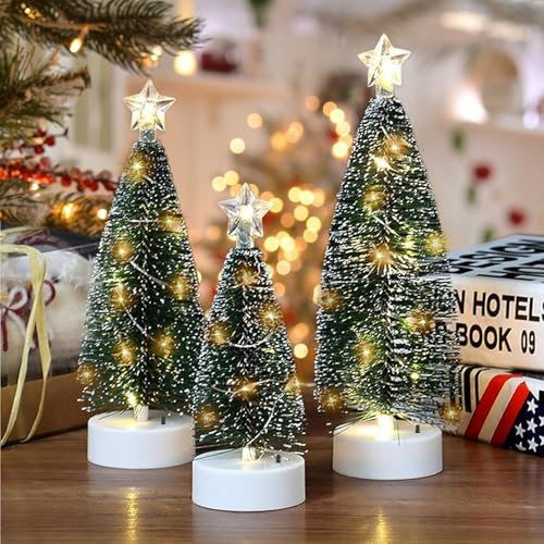 3 PCS Small Christmas Tree with Lights, Table Top Christmas Tree with Warm White Lights and Snow Mini Artificial Xmas Tree for Home Office Tabletop Desktop Christmas Decorations