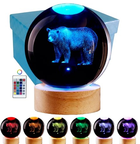 3D Crystal Ball Lamp with Lifelike LED Bear, 16 Color Changing Light, Dimmable Remote Control