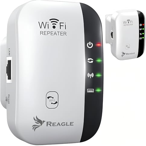 Reagle WiFi Repeater 300 Mbps – 3-in-1 WLAN Verstärker, 2.4 GHz, WPS, WPA2 – WLAN Signal Verstärkung für Zuhause und Büro, Kompatibel mit 802.11n/g/b, Einfache Installation, Bis zu 10m Reichweite