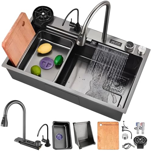 Évier de cuisine cascade en acier inoxydable noir de qualité supérieure, cuve simple spacieuse avec robinet extractible, lave-verres, panier de vidange et kit de drainage, revêtement nano, facile à ne