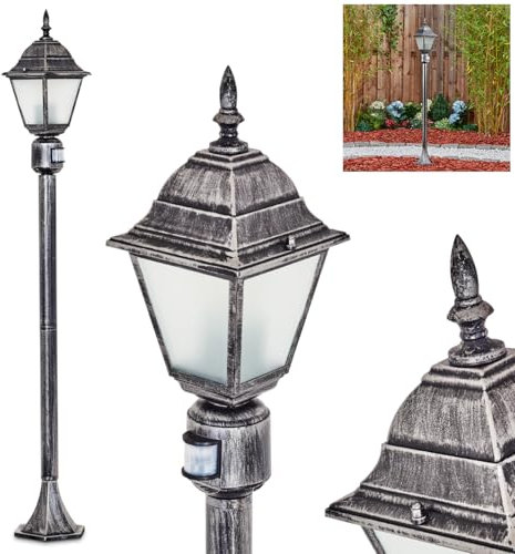 HOFSTEIN Wegeleuchte Naofe, Außenwegeleuchte mit Bewegungsmelder aus Metall/Glas in Schwarz/Silber/Milchglas, Wegelampe im Antik/Landhaus/Vintage/Design für Garten, Außenbereich, Hof, 116cm, E27, IP44