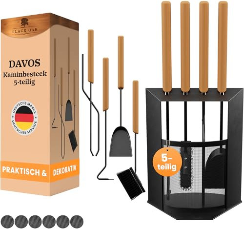 BLACK OAK Kaminbesteck DAVOS 5-teilig - edles & dekoratives Ofenbesteck Set schwarz mit Holzgriff 5 teilig Ständer + Kaminzange Schürhaken Ascheschaufel Kaminbesen Stahl Kaminzubehör Besteck für Ofen