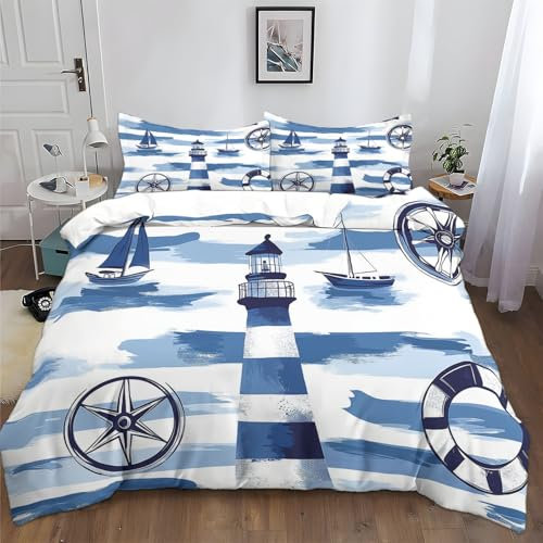 Generisch Bettwäsche Aquarell Leuchtturm Kompass Rettungsring 200 x 200 cm Bettbezug Set, Blau Weich Atmungsaktiv Mikrofaser Bettwäsche 3 teilig, für Erwachsene Kinder mit 2 Kissenbezug 80 x 80 cm