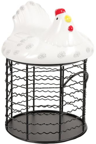 ABOOFAN Cesta de Huevos Forma de Gallina Multifunción 31x20x17 Cm Alambre Metálico Tapa Cerámica Almacenamiento Cocina Hogar Utensilios Cocina