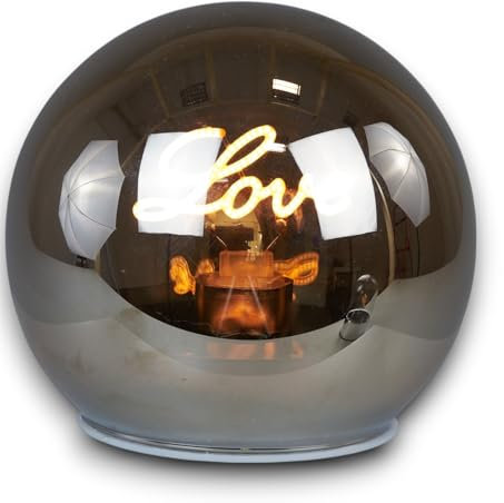 Generico Lampada Decorativa a LED con Scritta Love Sfera in Vetro Fumé Design Moderno Luce Calda Atmosferica per Casa, Ufficio, Bar, Ristorante Lampada da Tavolo Vintage con Base Cromata (12 cm)