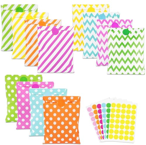 AMFUN 120 Stück Butterbrottüten, Bunte Geschenktüten mit 210 Aufkleber, Candy bar Tüten, Geburtstagstüten Kinder, Klein Geschenktüten für Ostern Geburtstag Hochzeit Taufe Party