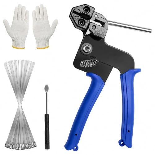 Juego de 100 bridas de metal, pistola de sujeción de acero inoxidable, herramienta de sujeción ajustable, alicates para gestión de cables, 4,6 x 200 mm para apretar, bridas cortadas