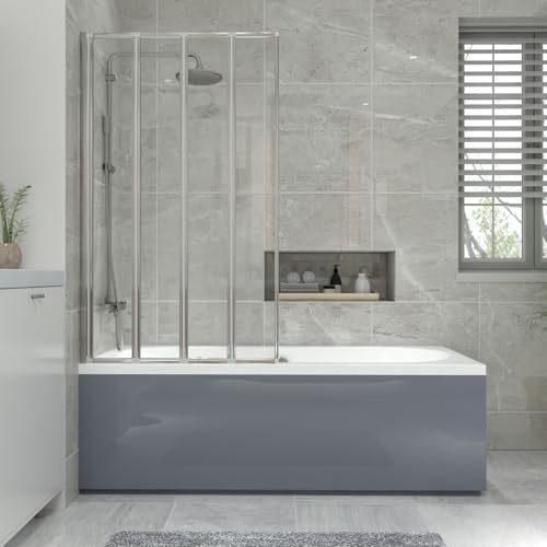 NRG 1700x700mm Acrylic Straight Bath + Chrome 4 Panel Folding Bath Screen with Front Panel Grey Bathroom Bathtub