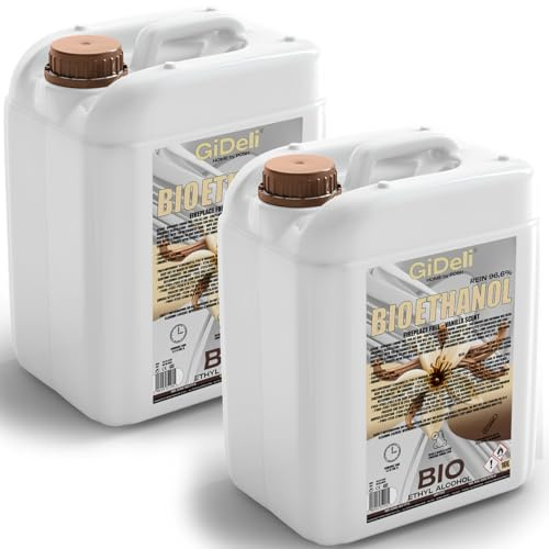 GiDeli Bioéthanol Lot de 2 x 10 l Parfum vanille 96,6 % éthanol pour cheminée intérieure et extérieure Sans fumée ni suie En maïs et betterave sucrière