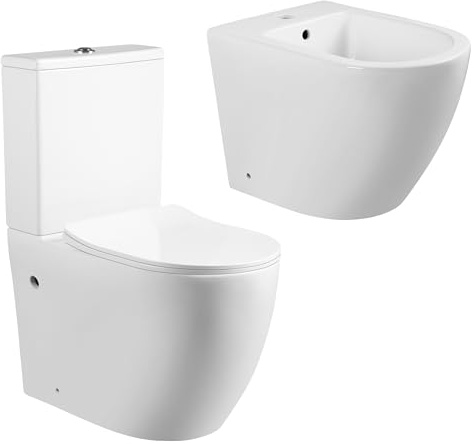 LARDECOR - Set de Inodoro y Bidet de Cerámica, WC/Váter de Baño con Sistema Rimless | 605x370x800 mm | Drenaje en Pared, Tapa Dura Extrafina UF Amortiguada, Doble Descarga y Ahorro de Agua (Blanco)