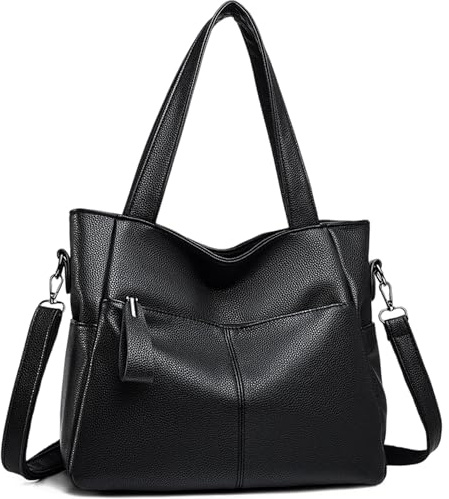 Mabecol Shopper Tasche Damen Mittelgroß, Elegante Handtasche PU Leder, Schultertasche Verstellbar, Henkeltasche Praktisch Für Alltag Büro Arbeit Reisen, Mit Mehreren Fächern (Schwarz)