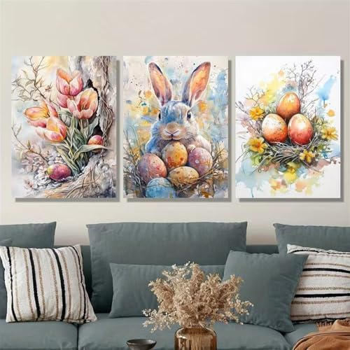 TROYSINC 3er Ostern Poster Set, Osterhase Ostereier Tulpen Frühling Ostern Wasserfarben Stil Decoration Bilder, ohne Rahmen für Wohnzimmer Küche Arbeitszimmer Esszimmer (30x40cm)