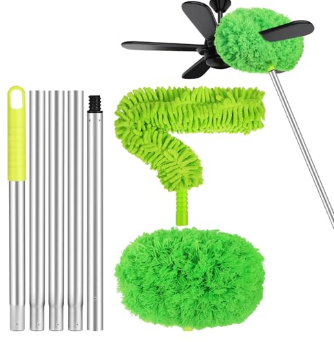 WRITWAA Set Spolverino per Ventilatori da Soffitto Asta Estensibile 1,5 M, Spazzola Pieghevole Rimovibile per Ragnatele e Soffitti Alti, Utensile in Alluminio per Pulizia Casa senza Scala