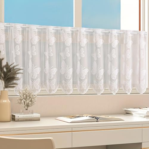 Tolldek Scheibengardinen Transparent Jacquard Gardine mit Blumen Schmetterling Gardinen Landhaus Bistrogardine Weiß mit ösen Kurze Küchengardinen mit Gebogter Kante HxB 45x140cm 1 Stück