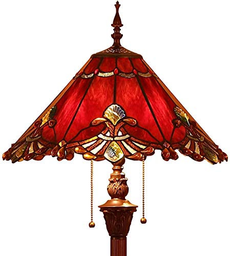 Bieye L30242 Baroque Tiffany Style Stained Glass Floor Lamp with 17 Inches Wide Handmade Lamp Shade Metal Base for Living Room Bedroom, 2-Light Pull Chain Switch, 65 Inch Tall, Red…