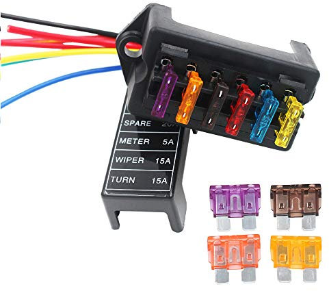 Gebildet 32V 40A 6 Voies Standard Boîte à Fusibles avec Fil, 6,3 mm Porte-Fusible à Lame, 2 Entrées 6 Sorties, Bloquer avec Fusée à Disque Libre de 10 pièces, pour Auto Voiture Bateau Marine Trike