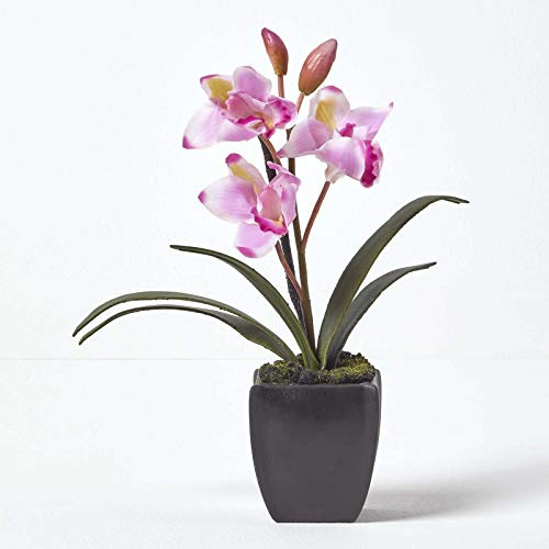 Homescapes - Orquídea artificial con flores de seda realistas y hojas verdes largas y realistas, tamaño pequeño, 38 cm de alto, para decoración de interiores