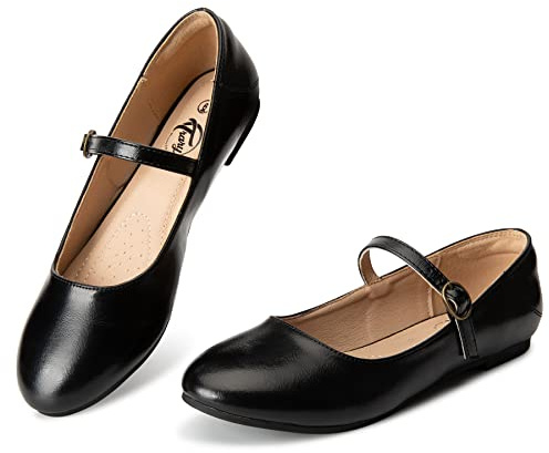 Trary Mary Jane Ballet Flats - Black Dressy Casual Women's Shoes, Ankle Strap, Round Toe, Strappy