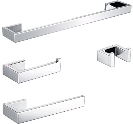 Bagnolux - Set di accessori per il bagno, 4 pezzi, in acciaio inox cromato lucido, 61 cm, porta asciugamani, porta carta igienica + asta per asciugamani + gancio per asciugamani (cromo lucido, 61 cm)
