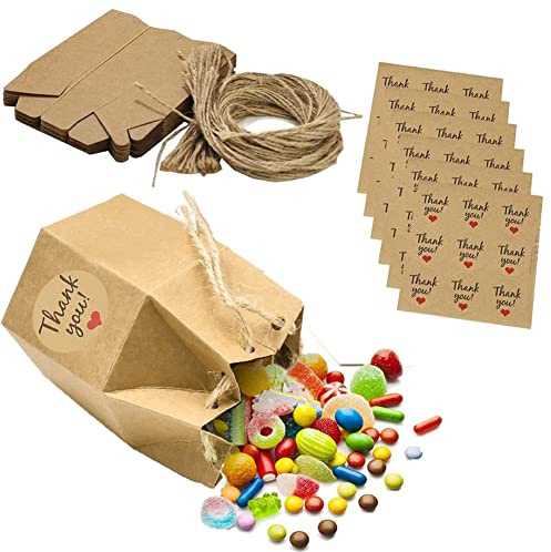 Geschenkbox Pralinenschachtel,50 Stuck Geschenkbox Pralinenschachtel, Kraftpapier Tüten Geschenkbox mit Danke Aufkleber,Kindergeburtstag Geschenkverpackung Box,für Hochzeit,Weihnachten Süßigkeiten
