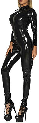Freebily Women's One Piece Stand Collar Full Body Suit Wet Look Leather Zip Back Catsuit Clubwear Black Medium