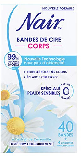 NAIR - Strisce di cera fredda per corpo, speciali pelli sensibili all'estratto di camomilla, 99% di origine naturale, 40 strisce + 4 salviettine finitura delicata