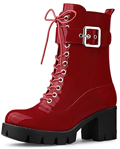 Allegra K Femme Bottes Combat à Talon Épais et Plateforme Zippée rouge 41