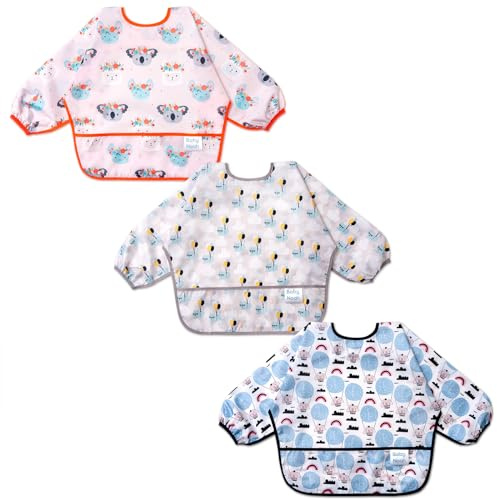 3-pack Long Sleeve Baby Bibs for Eating Waterproof Smock Bibs with Sleeves Full Coverage Bib with Food Catcher for 6-24 Months Toddler Boys Girls