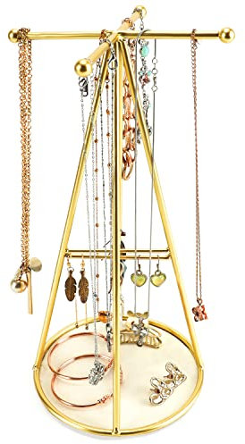 BELLE VOUS Schmuckständer Gold Metall Pyramide Jewelry Organizer mit Runder Basis - H29 cm - Schmuck Aufhänger - Schmuckaufbewahrung Ketten, Armbänder, Ringe & Ohrring Aufbewahrung