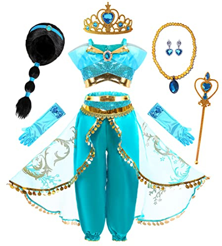 Mecamelon Arabian Princess Fancy Costume for Girls Halloween Dress Up (Wig Blue Set, 3T)