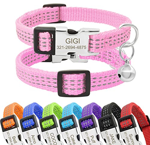 Senristar Personalisiertes Reflektierendes Nylon Katzenhalsband mit Name & Telefon, Individuell Gravierte Schnellverschluss Schnalle Katzenhalsband mit Glocke