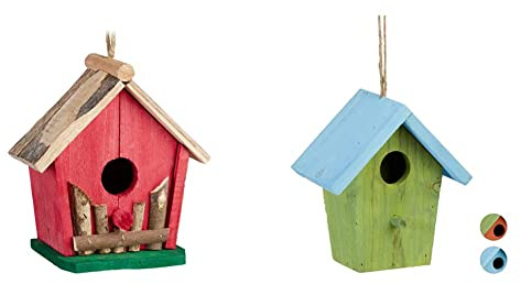 Relaxdays Mini Vogelhaus, zum Aufhängen, für Balkon & Garten, Holz, HBT 18 x 17 x 11 cm, rot/grün & Deko Vogelhaus bunt, aus Holz, Kleines Vogelhäuschen, HBT: ca. 16 x 15 x 8 cm, grün