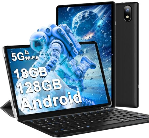 DMOAO Tablet 10 Pulgadas Android 14 con 5G Wi-Fi 6, FHD Tablet con 18 GB RAM + 128 GB ROM (Ampliable a 1TB), Widevine L1, 8 Cores, BT 5.0, 6000mAh, USB-C, Teclado + Ratón + Funda, Nero