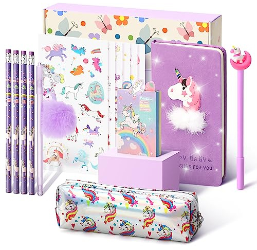 Cooyou Einhorn Geschenke für Mädchen 6 7 8 9 10 11 12 Jahre, einschulungsgeschenke für mädchen, Einhorn schreibwaren Set Inklusive Einhorn Stifte, Notizbuch und Aufkleber, Lila