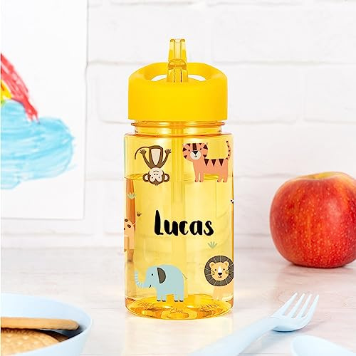 Wanapix | Botella Infantil Personalizada| Botella de Agua para Niños | Con Pajita y Asa Transporte | Colegio/Guardería | Plástico Libre BPA | 440 ml | Amarillo - Animales