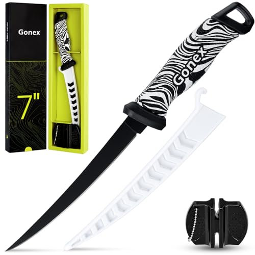Gonex Filetiermesser Fisch Angelmesser Fischmesser Ausbeinmesser, Scharfe Edelstahlklinge & Rutschfeste Griffe, mit Belüfteter Schutzscheide & 2in1 Messerschärfer, 17cm