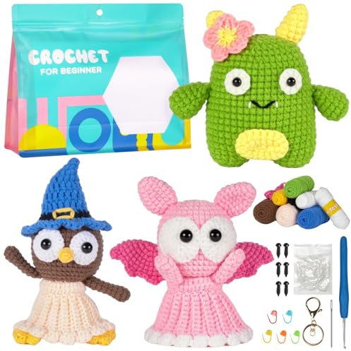Souarts Komplett Häkelset für Anfänger Tiere Monster, Häckeln Stricken für Anfänger Set mit Anleitung Häkelnadeln Garn, Kreativ Strickset Bastelset für Erwachsene Kinder Geschenk