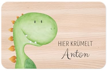 wunderwunsch - Individuelles Holzbrett mit Hochwertigem UV-Druck für Kinder - Personalisiertes Frühstücksbrettchen - Niedliche Motiv-Brettchen mit Namen (Dino links unten)