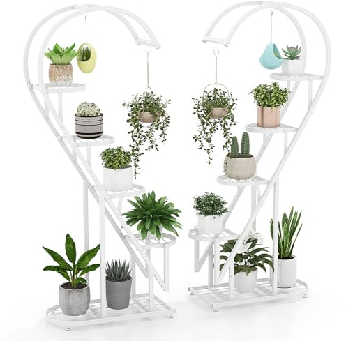 RELAX4LIFE 5-stufiger Pflanzenständer Metall, Blumentreppe Herzförmig, Pflanzenregal mit 4 Haken, Blumenständer Kippschutz, Blumenregal Leiter für Balkon Garten (Weiß)