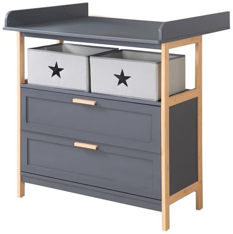 roba Wickelkommode Berlin inkl. abnehmbarem Wickelaufsatz - Wickeltisch mit Schubladen & Stoffboxen - Griffe + Rahmen aus Bambus Holz - Anthrazit