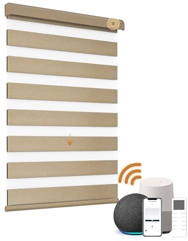 JOYENG Motorized Zebra Blinds, Cordless Blackout Window Shades with Remote, Custom Dual Layer Smart Roller Shades Compatible with Alexa Google Assistant, Automatic Light Filtering Blinds,Coffee