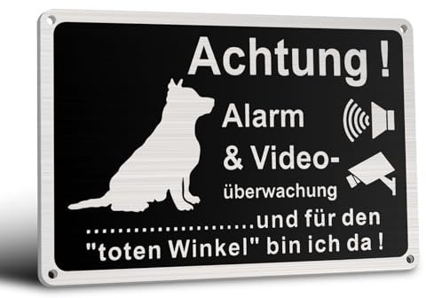 Upifen ALARM&VIDEO ÜBERWACHUNG Schild Hund - Achtung, 30x20cm Aluminium Videoüberwachung Schild Selbstklebend mit 4 Bohrlöcher