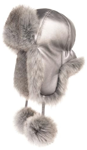 Futrzane Fliegermütze - Schapka Uschanka Damen - Fell Trapper Mütze aus Leder (M, Silber - Silber Siberian)